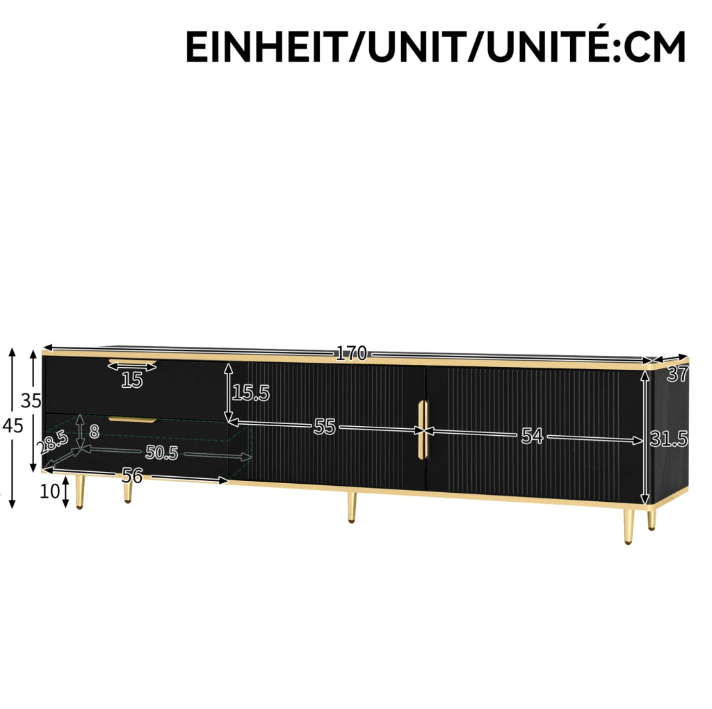 Mobile TV con 2 cassetti e 2 vani; 170x45x37 cm; MDF e pannello truciolare; nero e oro