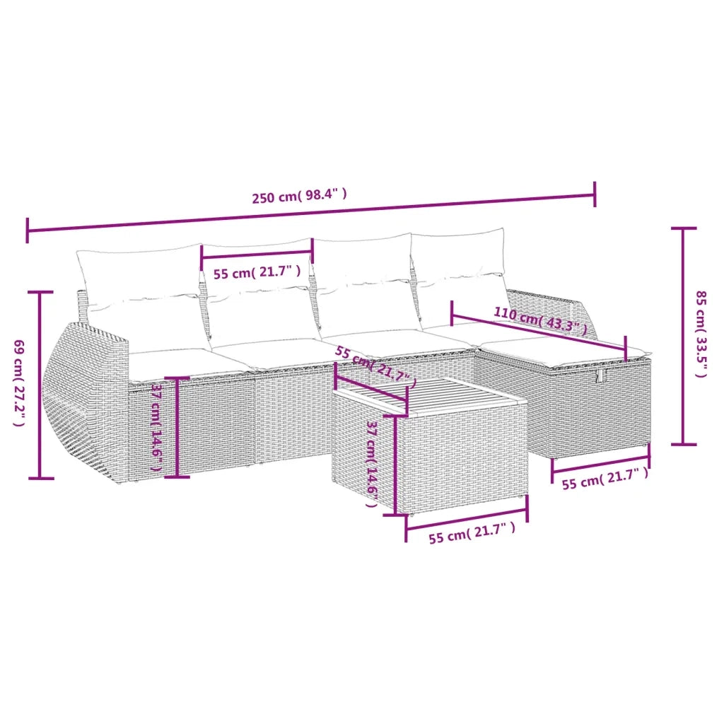 Set Divano da Giardino 6 pz con Cuscini Grigio in Polyrattan 3265057