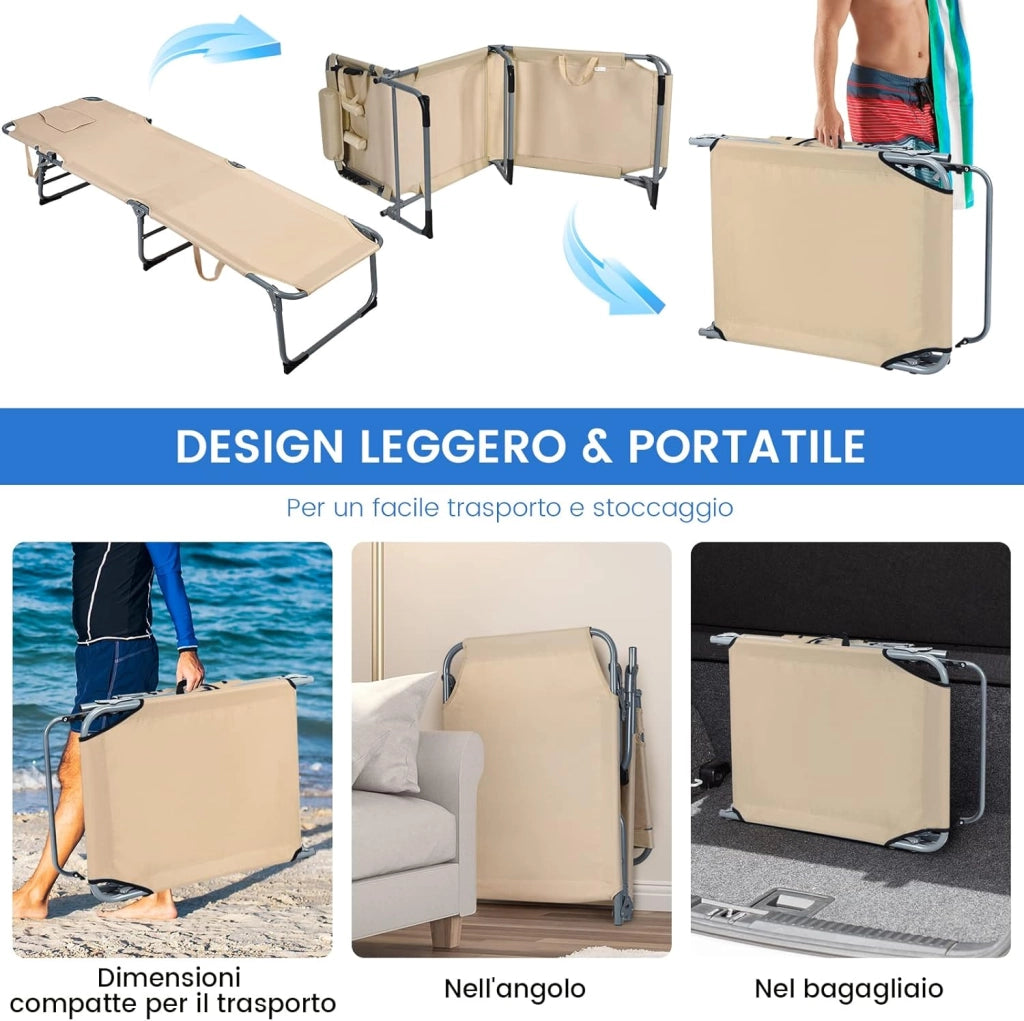 Lettino Prendisole Pieghevole, Sedia a Sdraio da Giardino con Foro per il Viso e Cuscini, Schienale Reclinabile, per Spiaggia Patio Piscina (beige)