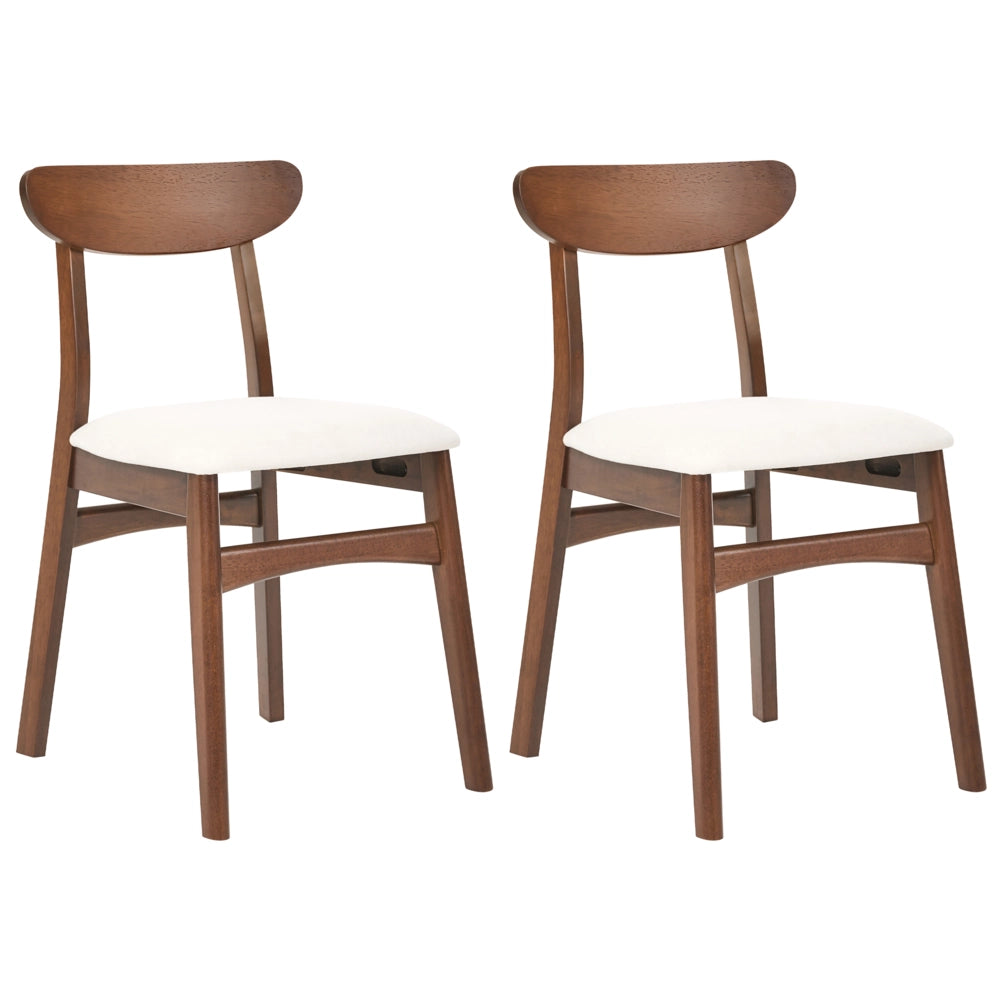 Set di 2 sedie da pranzo con struttura in legno di gomma marrone e beige chiaro, seduta in tessuto, senza braccioli, design retrò