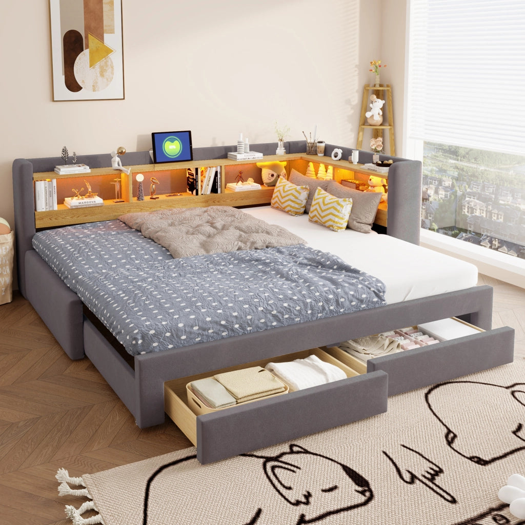 Divano letto estraibile 3 in 1 90x200 cm con cassetti; LED e presa; grigio