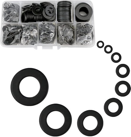 Set di anelli metallici piani - 600 pezzi - nero - assortimento di 9 misure - M2/M2.5/M3/M4/M5/M6/M8/M10/M12 mm - per viti e viti