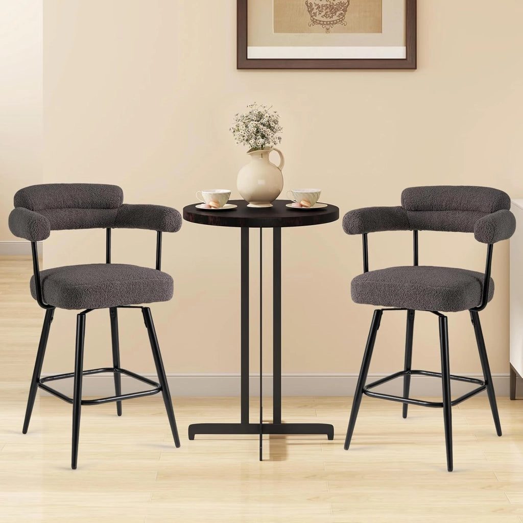 Set di 2 Sgabelli da Bar Girevoli Altezza 69 cm, Sedie Moderne Imbottite con Tessuto Boucle, Schienali Curvi e Gambe in Metallo, Sedie Girevoli per Isola Cucina, Casa, Bianco/Grigio (Grigio)