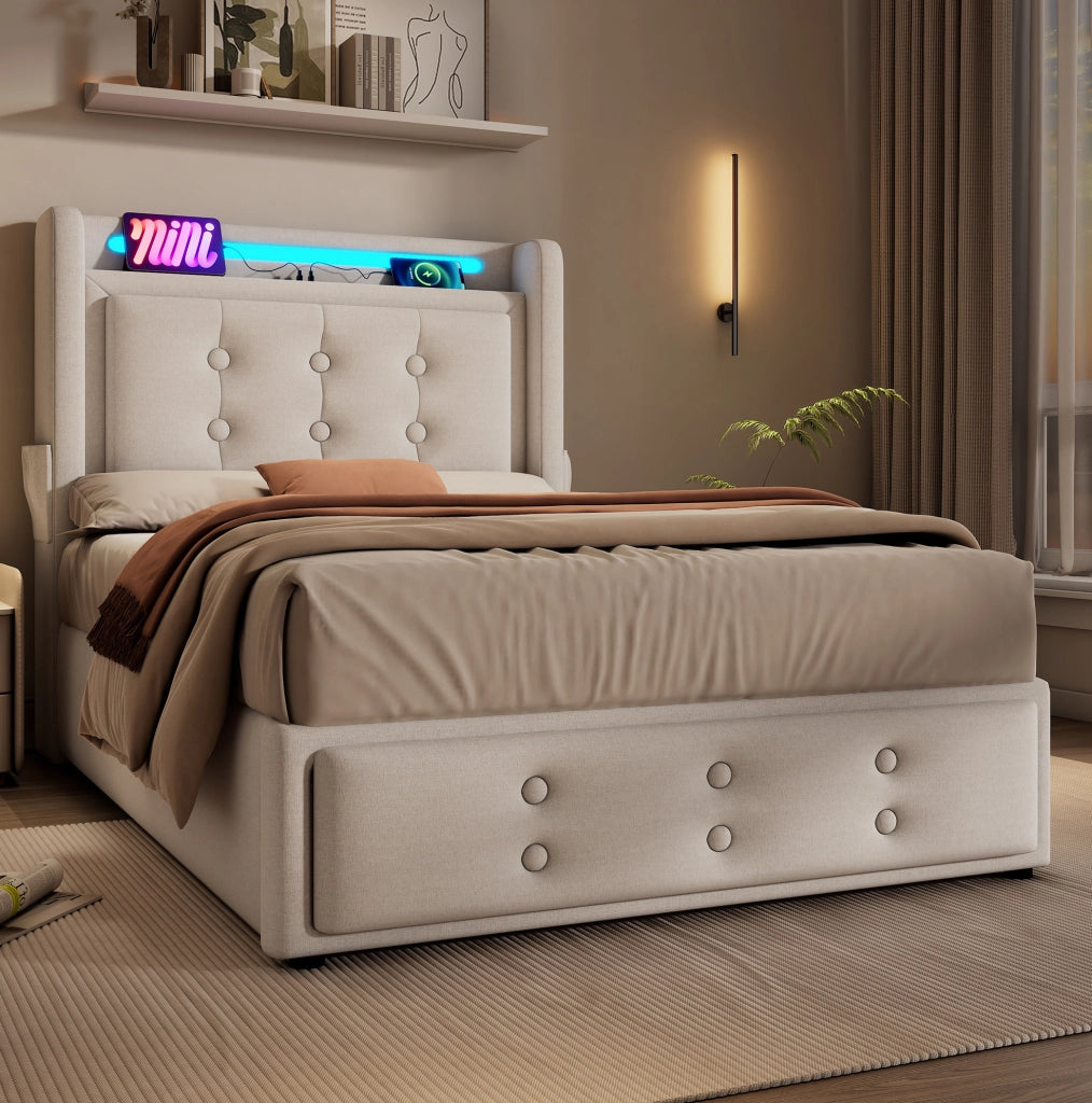 Letto matrimoniale 90x200 cm imbottito con testiera LED; prese e USB; beige in cotone-lino