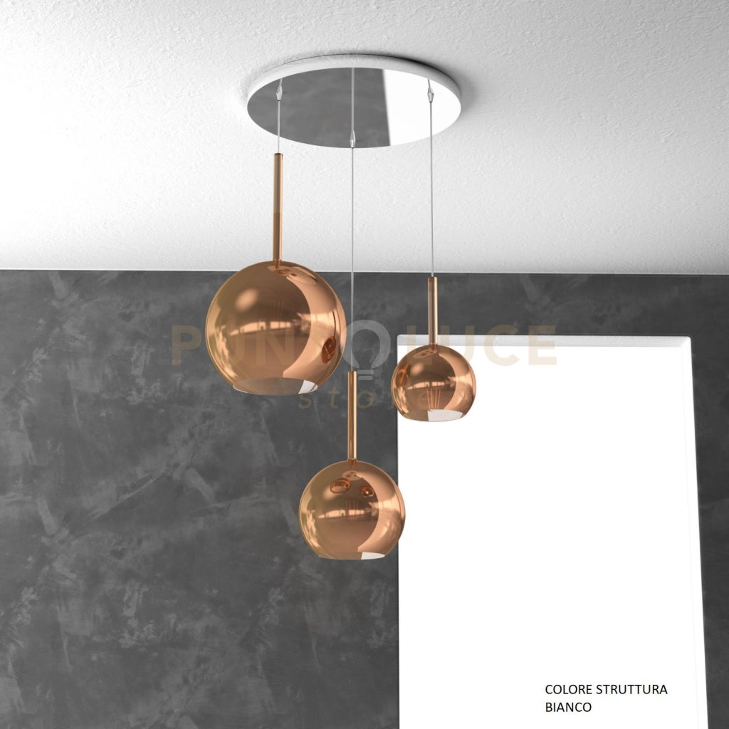 SOSP. BIANCO TONDA 3 LUCI VETRI (1 GRANDE+1 MEDIO+1 PICCOLO) TUTTI RAME 1155BI-S3 TMIX-RA