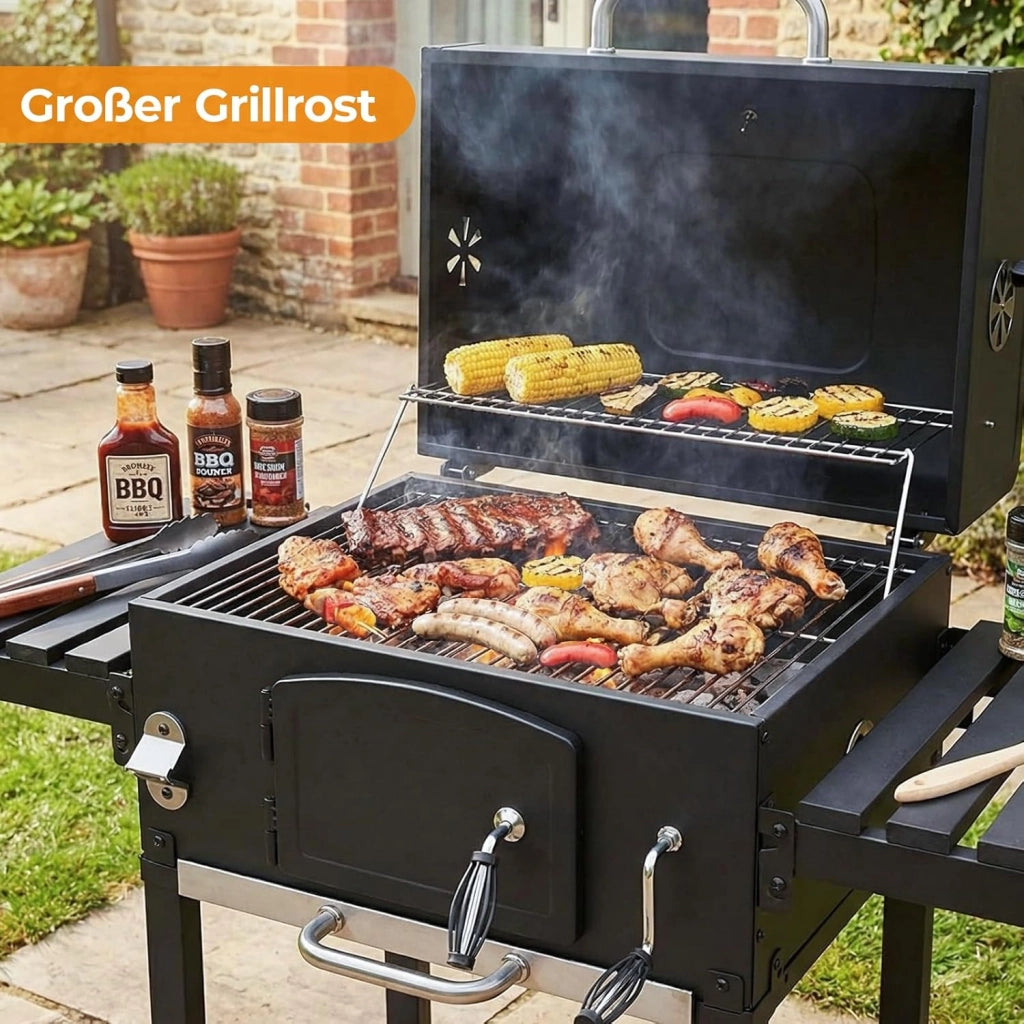Barbecue Carbonella XXL con Coperchio, Griglia per Barbecue con Copertura Impermeabile, Ruote e Termometro, Altezza regolabile, Grande BBQ Smoke, per Campeggio, Giardino