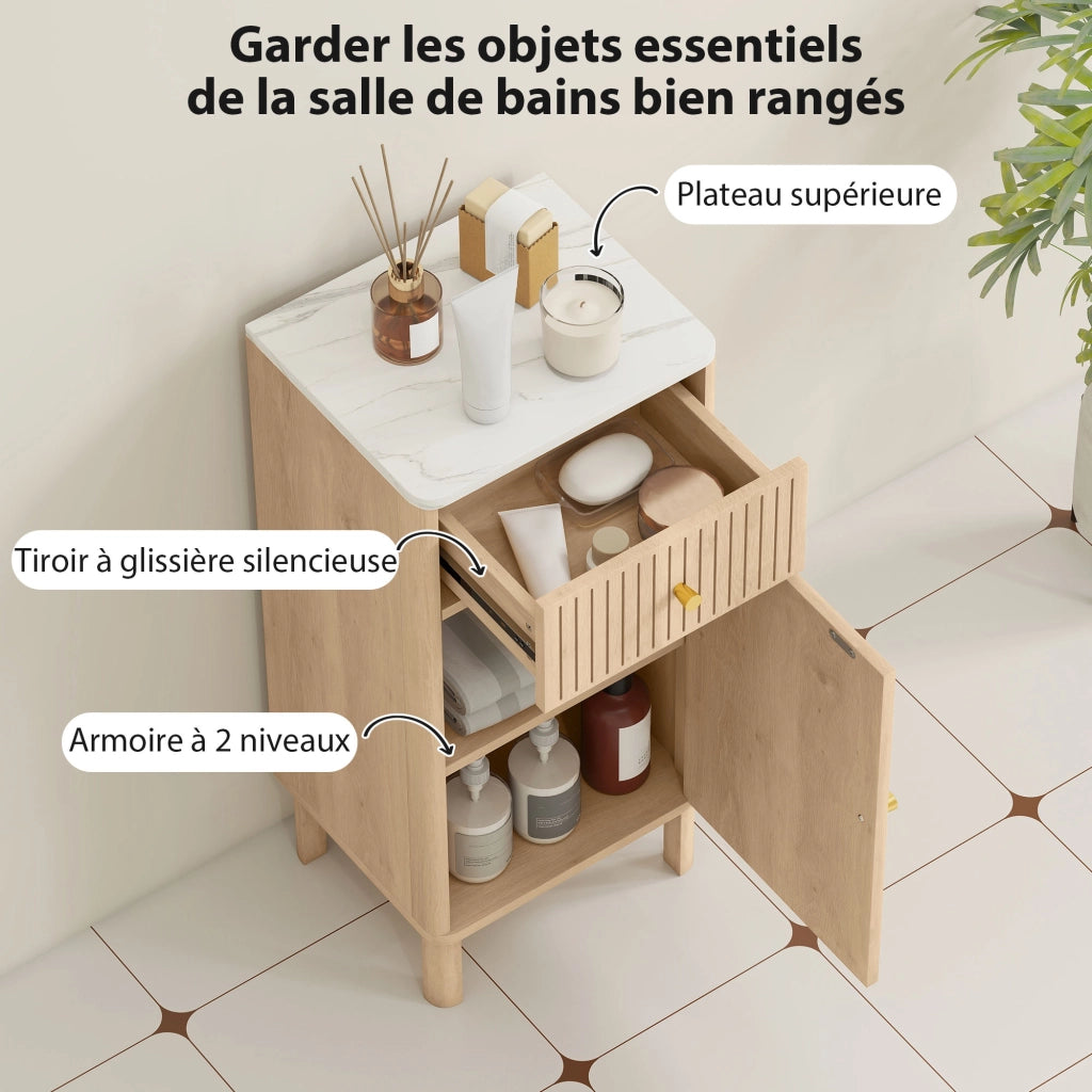 Mobiletto Bagno con Piano Effetto Marmo e Anta Scanalata ¨C Zephmum ¨C 36x30x80 cm Quercia