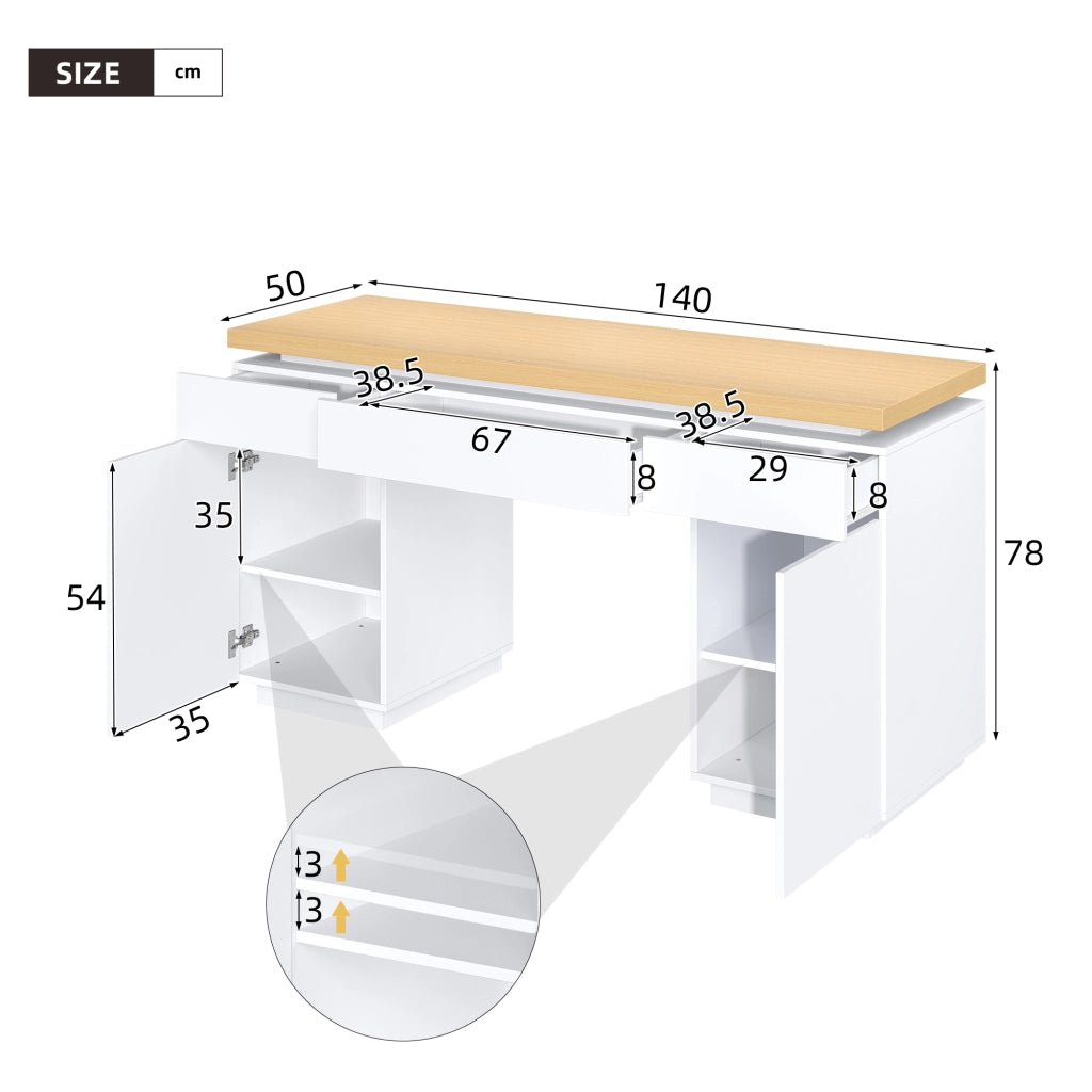 Scrivania con LED multicolore; 140 x 50 cm; 3 cassetti e 2 ante; MDF bianco e rovere