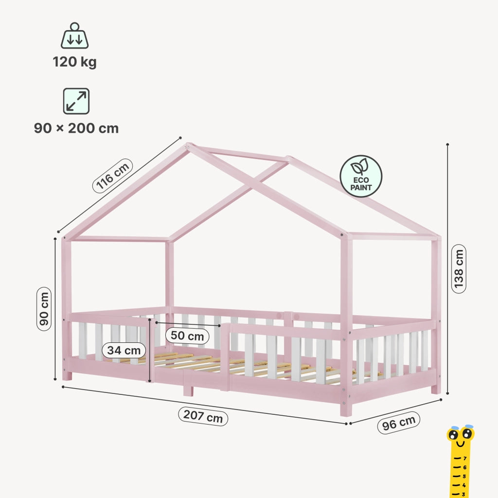 Letto per Cameretta Treviolo a Forma di Casetta in Stile Montessori 90x200 cm Rosa/Bianco [en.casa]