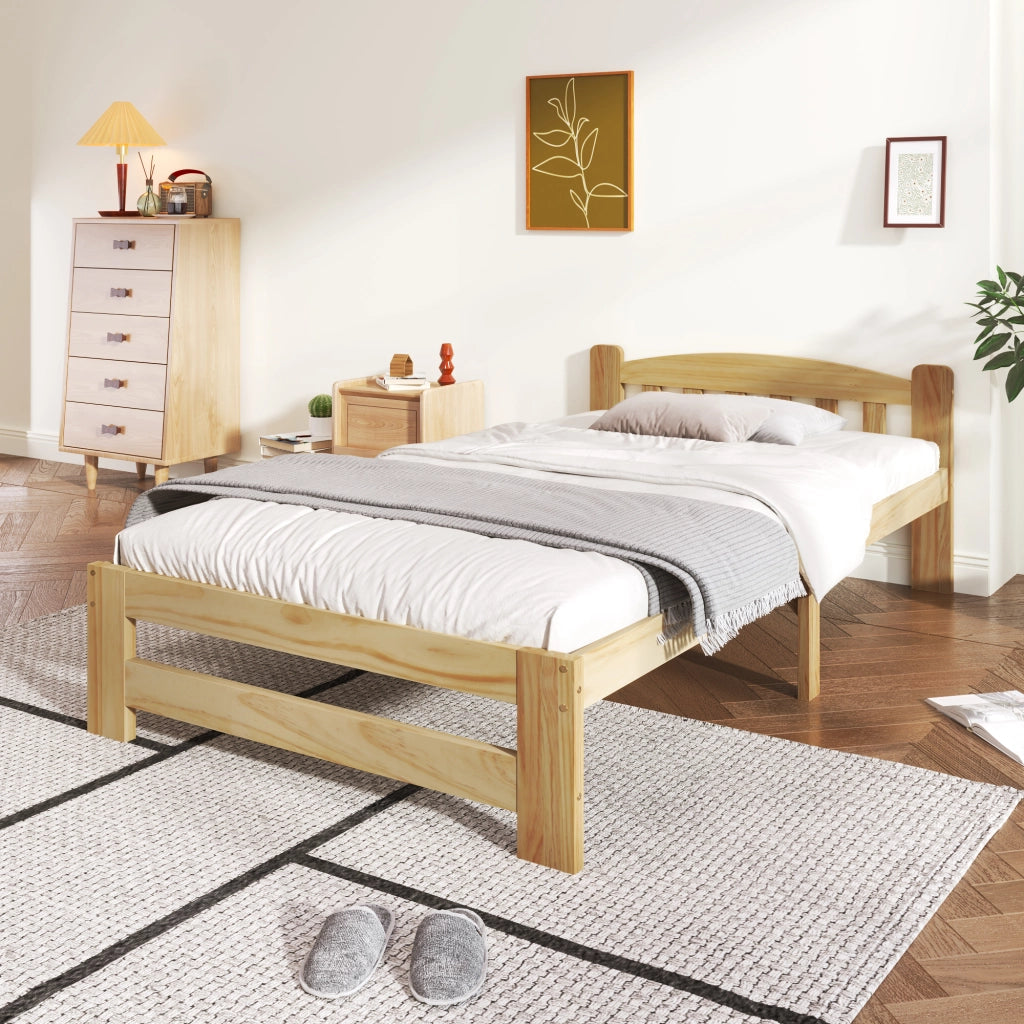 Letto Singolo 90×200 cm; Letto 1 Posto in Legno Massello con Testiera e Piede Centrale; senza Materasso; Naturale