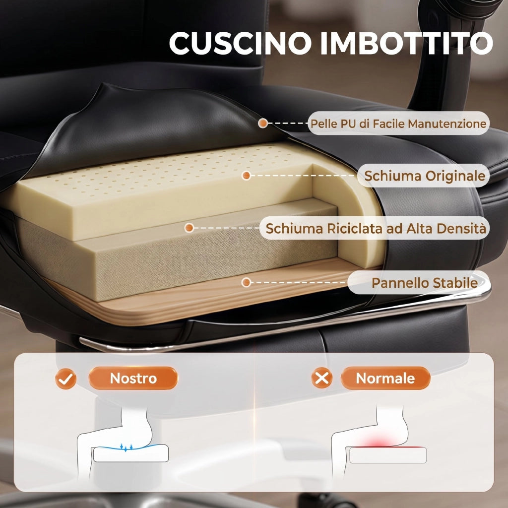 Sedia da Ufficio Ergonomica e Reclinabile 150¡ã con Poggiapiedi, in Cotone e Metallo, 65x67x112-122 cm, Nero