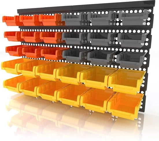 Scatole a pile, 30 pezzi contenitori da parete da assemblare per piccoli componenti, con pannello di attacco e viti per installare, conserva i viti, chiodi, spille