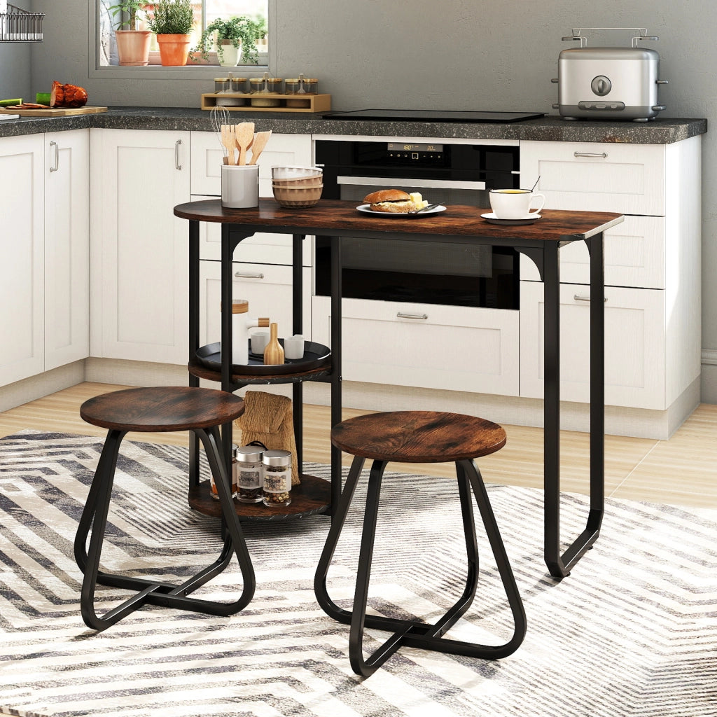 Tavolo e sedie-Set pranzo industriale 3 pz tavolo cucina legno 2 sgabelli ripiani portaoggetti-Set salvaspazio appartamenti cucina soggiorno mobili