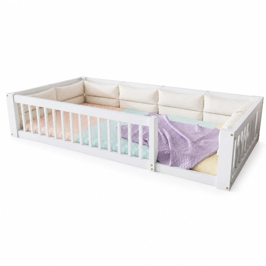 Letto a piattaforma 90x200 cm con sponde laterali e cuscini; bianco