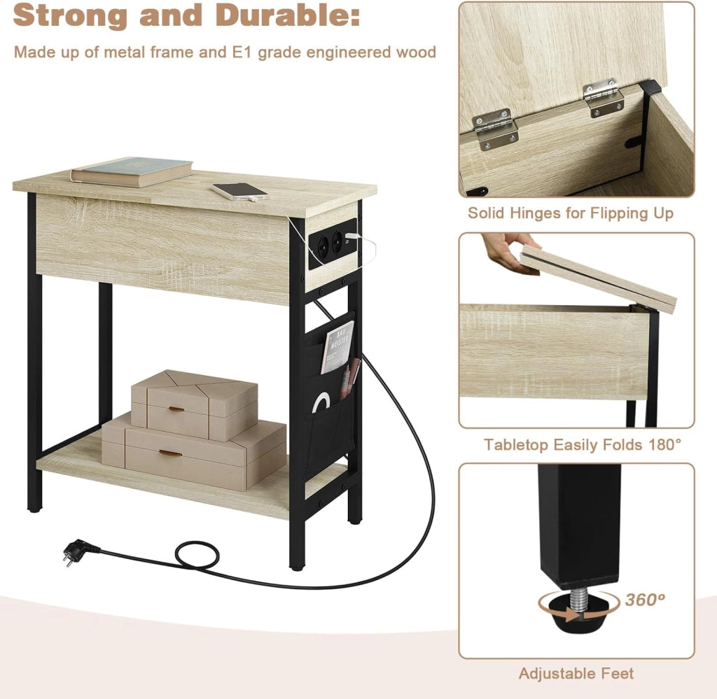 Tavolino da Salotto con Area di Ricarico, Tavolino da Divano Laterale, Comodino con Piano Ribaltabile, Scatola in Tessuto, 2 Prese e 2 Porta USB, Rovere Chiaro