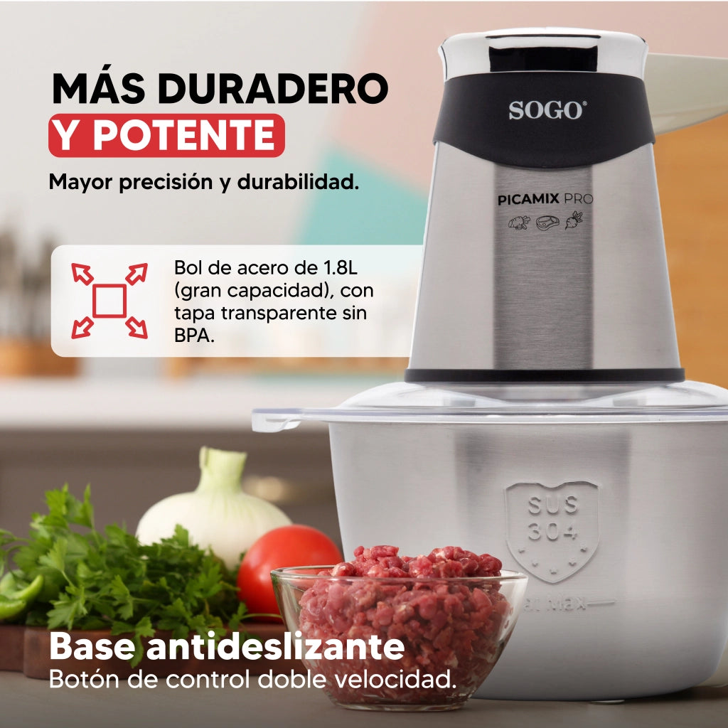 Tritatutto elettrico 1,8L con lame titanio 4 coltelli e doppia velocità, ciotola acciaio inox per carne e verdure - Sogo