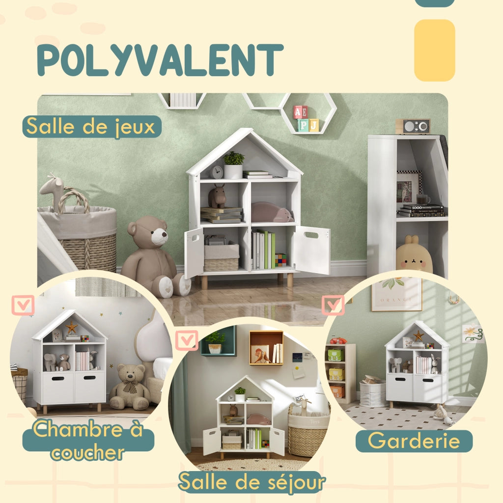 Libreria per bambini ¨C zephmum ¨C 3 ripiani, 2 cassetti, forma casa, 64x30x89 cm, bianco