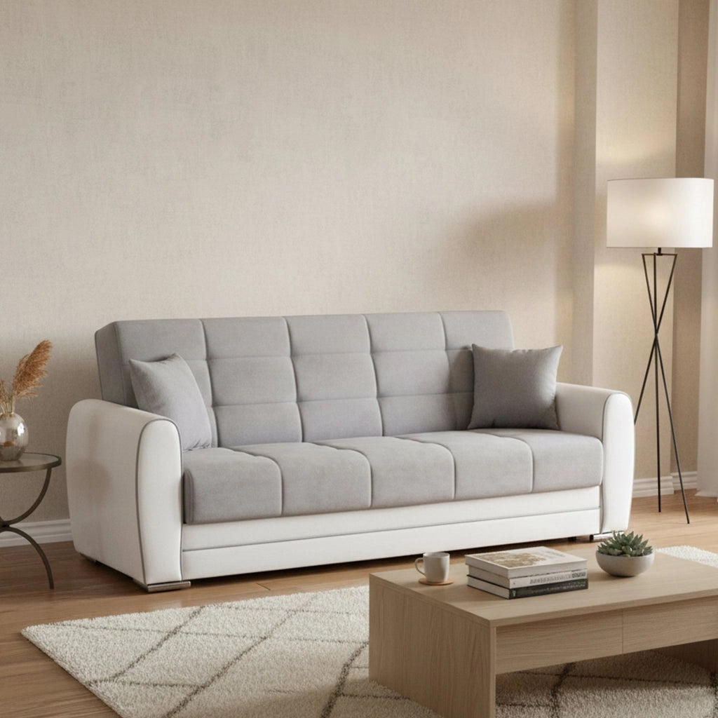 Divano letto Dike, Divano letto contenitore a 3 posti in ecopelle e tessuto, SofÒ  da soggiorno in tessuto imbottito con apertura click-clack, Cm 220x84h91, Bianco e Grigio