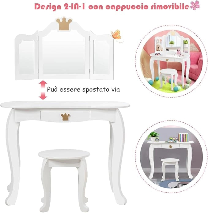Toeletta Trucco per Bambina Staccabile, Specchiera per Ragazza in Legno con Sgabello e Cassetto, Postazione Trucco 2 in 1 per Cameretta e Cmera da Letto, 80x42x105cm (Bianco)