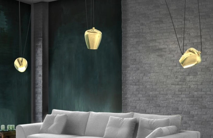 FOCUS-O Lampadario a sospensione vetro oro attacco E27 senza base cavo in tessuto