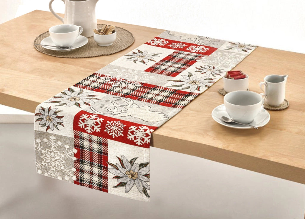 Tovaglia Centrino Runner Tavola Fantasia Edelweiss Cervo Made Italy - 40x180 - Rosso