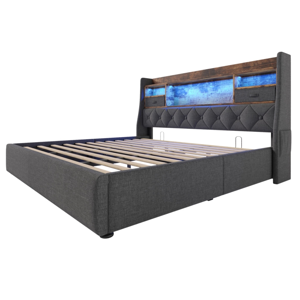 Letti contenitori 180x200 cm con LED e prese di ricarica; lino grigio (Senza materasso)