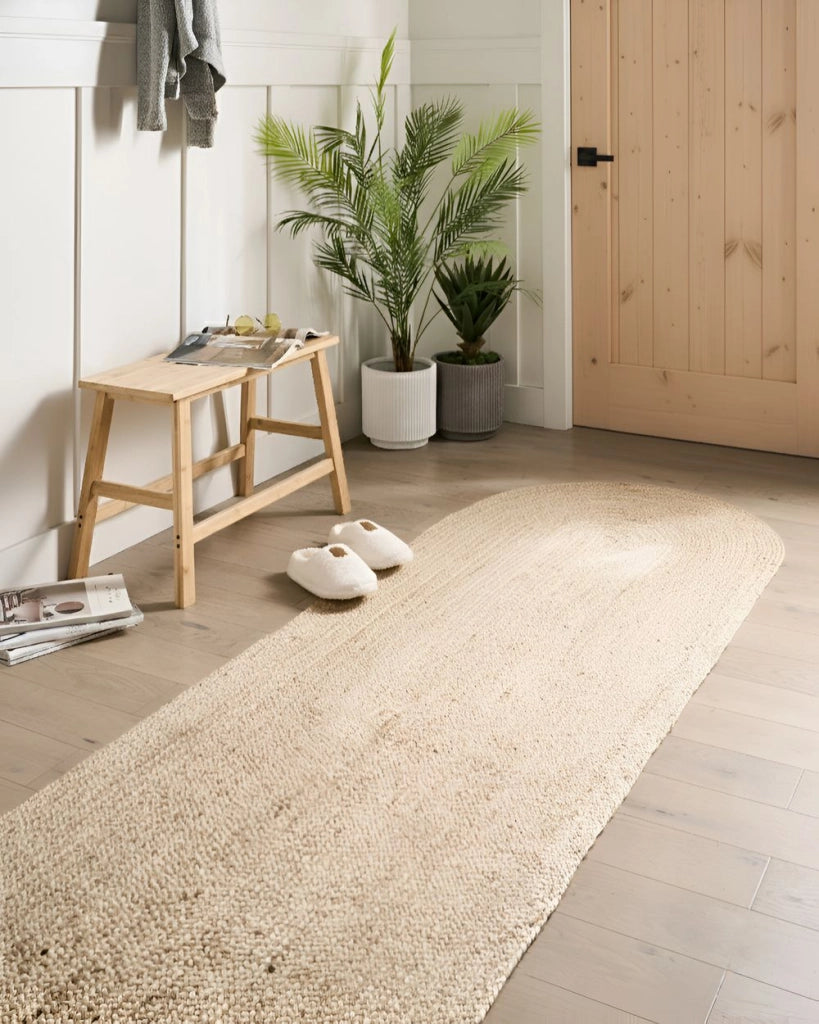 Tappeto beige in juta 80 x 300 cm intrecciato ovale adatto al riscaldamento a pavimento Soggiorno naturale Camera da letto