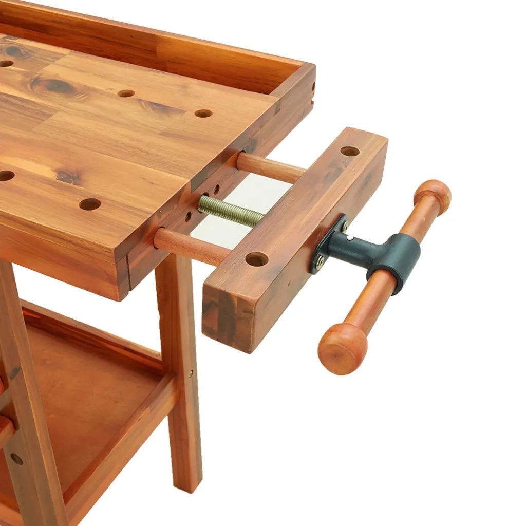 Banco da lavoro con cassetto e morse 124x52x83 cm in legno massello di acacia 153320