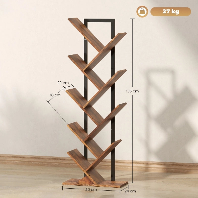 Libreria a forma di albero con 9 ripiani, struttura slim in legno, colore Rustic Brown