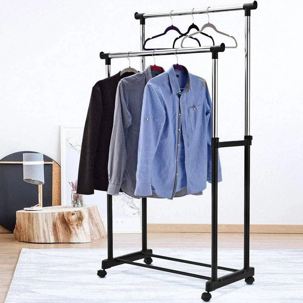 Trade Shop - Stand Appendiabiti Allungabile In Acciaio Telescopico Ruote Doppio L80xh95-170cm -