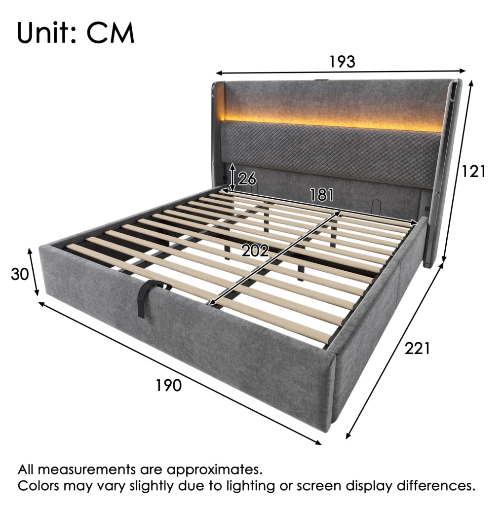 Letto matrimoniale con contenitore 180x200 cm in lino grigio con testiera alta; LED e USB/Type-C
