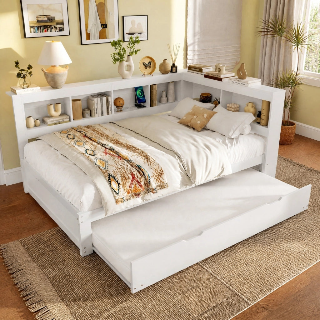 Divano letto bianco 140x200 cm con letto estraibile, prese USB e 2 cassetti