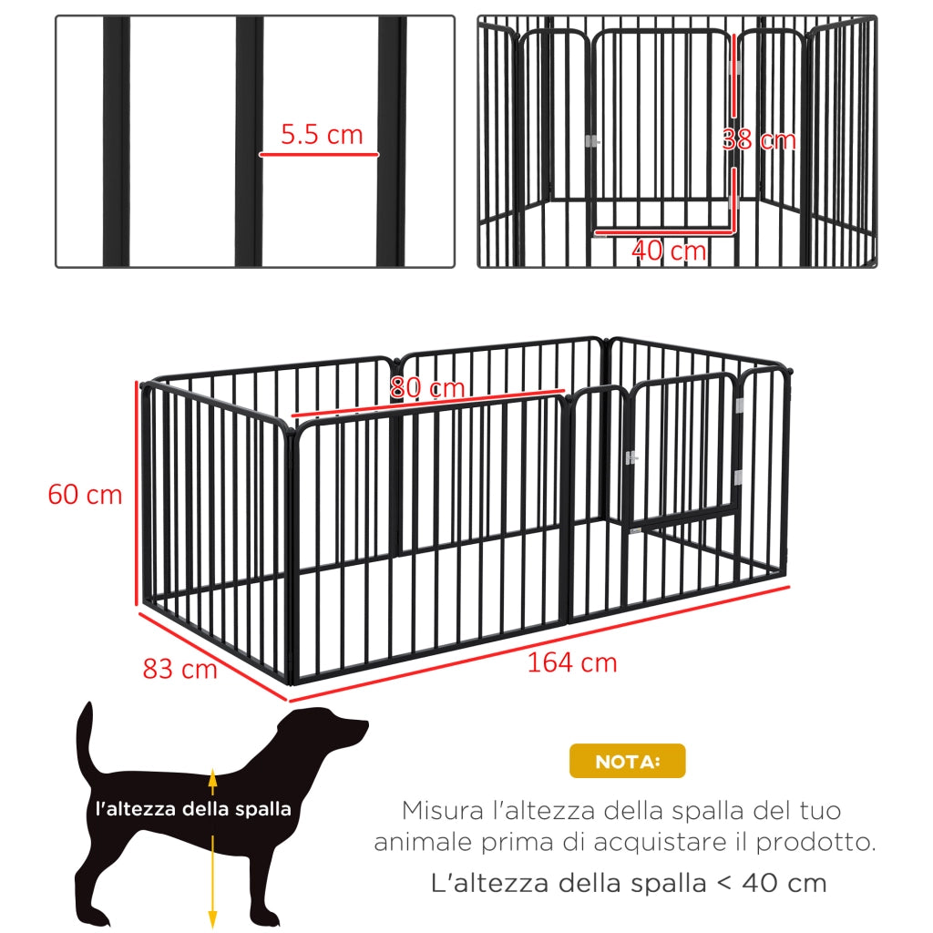 Recinto per Cani a 6 Pannelli Modulabili da Interno ed Esterno. in Acciaio. 164x83x60 cm. Nero