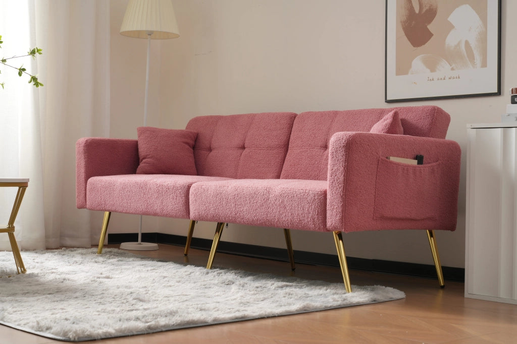 Divano Letto 2 Posti con Schienale Regolabile 105-180°; Tasche Laterali e Cuscini; in Sherpa Rosa