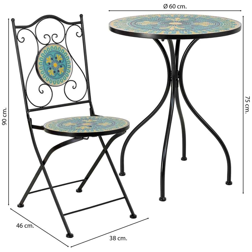 Set tavolo e 2 sedie in metallo, 60x60x75h cm, 38x46x90h cm