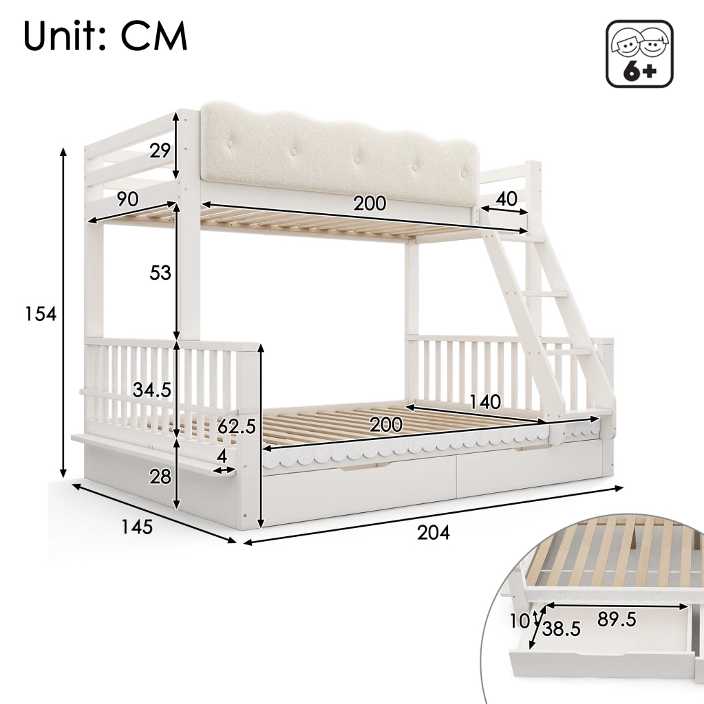Letto a castello 90x200/140x200 cm con cassetti e portariviste bianco HAVRYA
