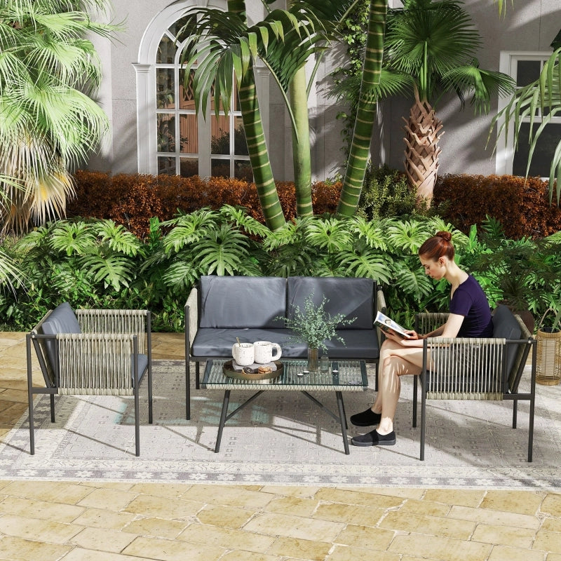 Set da balcone a 4 pezzi con 2 poltrone, divano a 2 posti e tavolino in rattan resistente ai raggi UV grigio