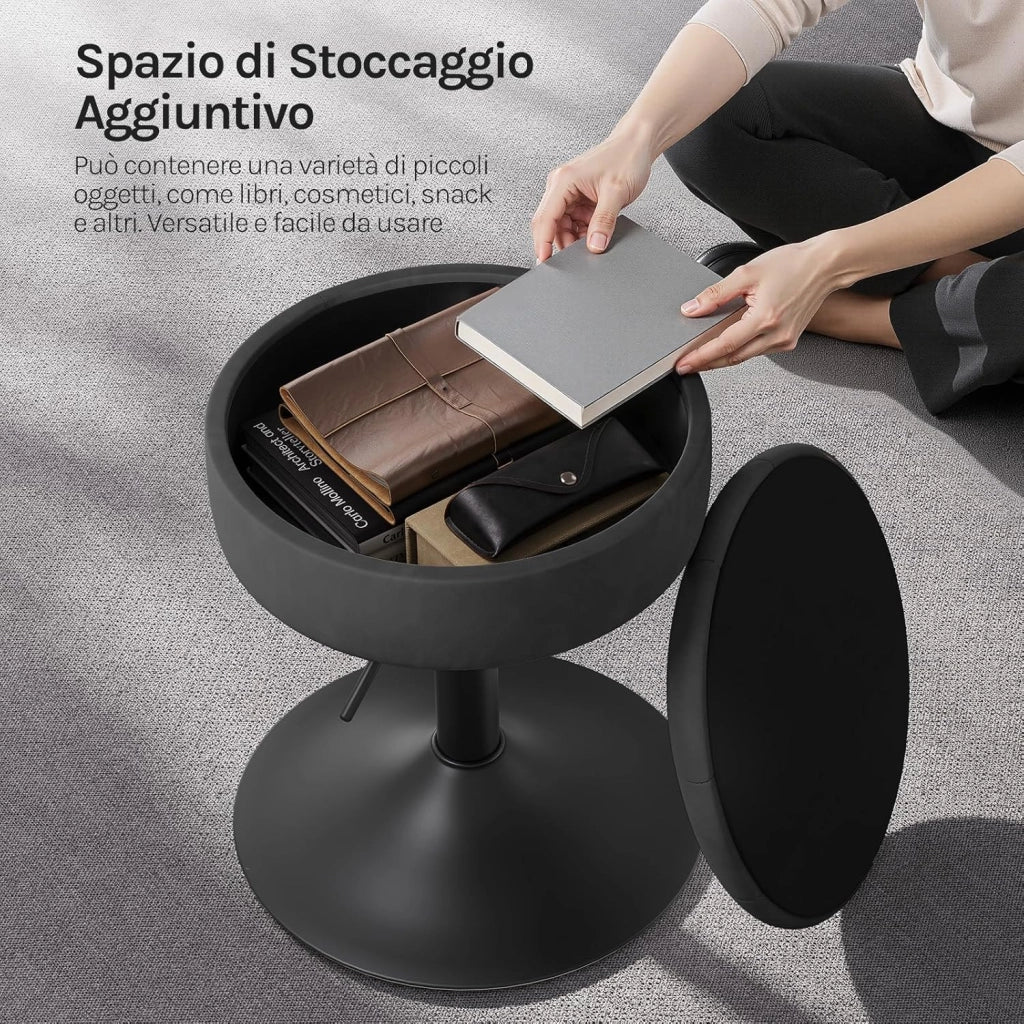 Set di 2 Sgabelli Piccolo da Bar in Velluto e Metallo, Sedia da Pranzo con Vano Portaoggetti, Sgabello Rotondo Girevole, Altezza Regolabile tra 49,5-65cm, Nero BH329sz-2