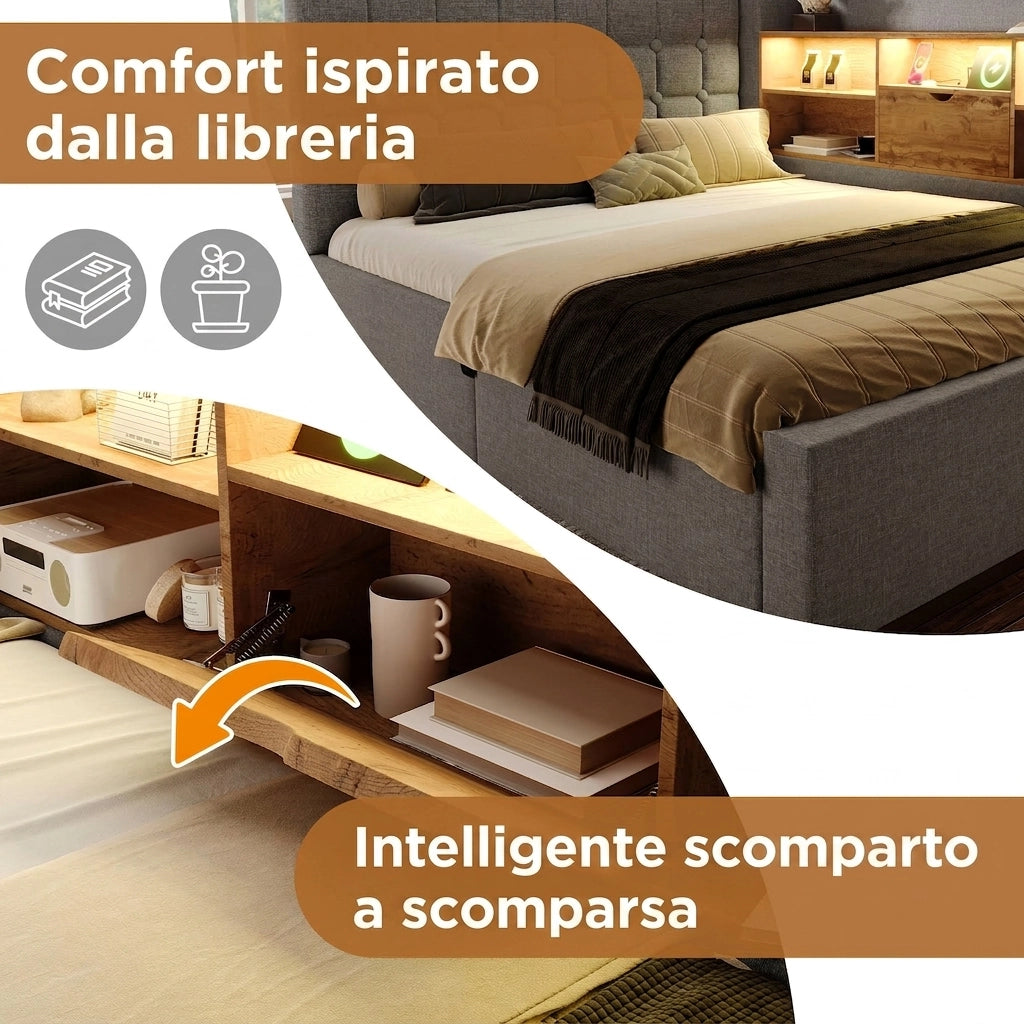 Letto contenitore 140x190 cm con LED e Prese USB; Letto imbottito grigio in Lino con Testiera a L