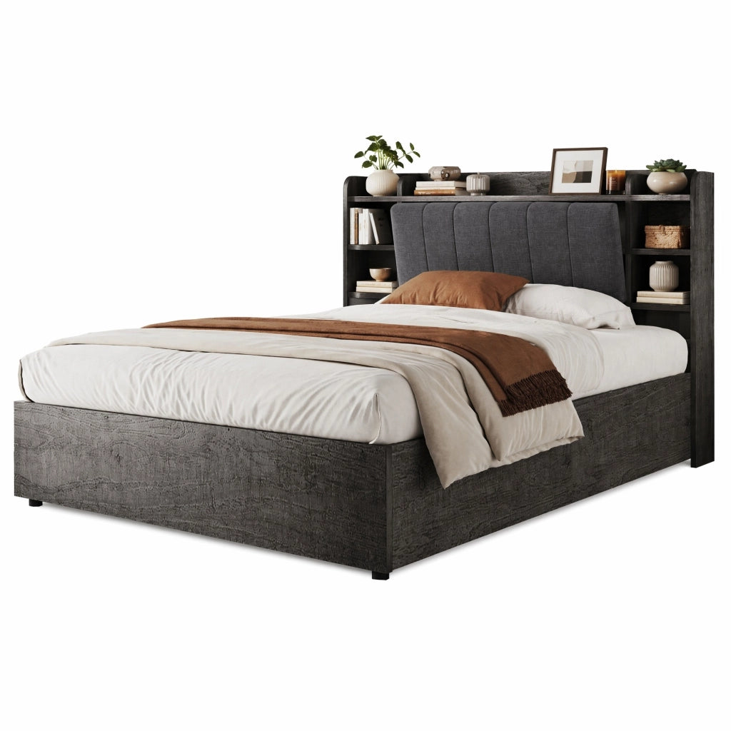 Letto Contenitore Letto Singolo 180 x 200 cm con USB; Type-C e Testiera con Ripiani; Grigio