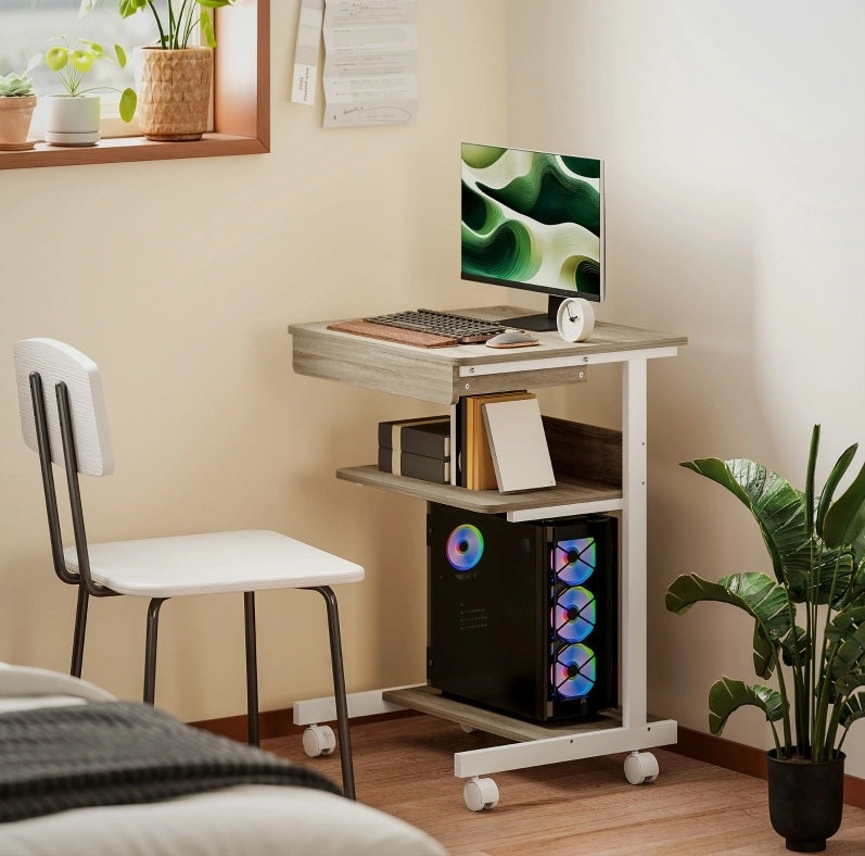 Scrivania PC compatta con cassetto, ripiani e 4 ruote