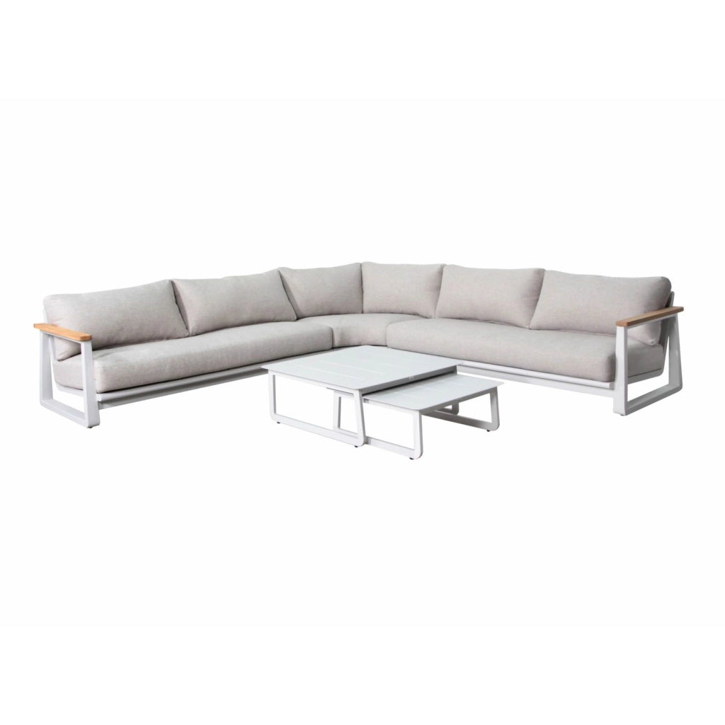 SINED Set Divano Angolo 6 Posti in Alluminio e Teak FSC con Cuscini Idrorepellenti 2 Tavolini Abbinati Colore Crema Uso Esterno-Interno - Modello BRA