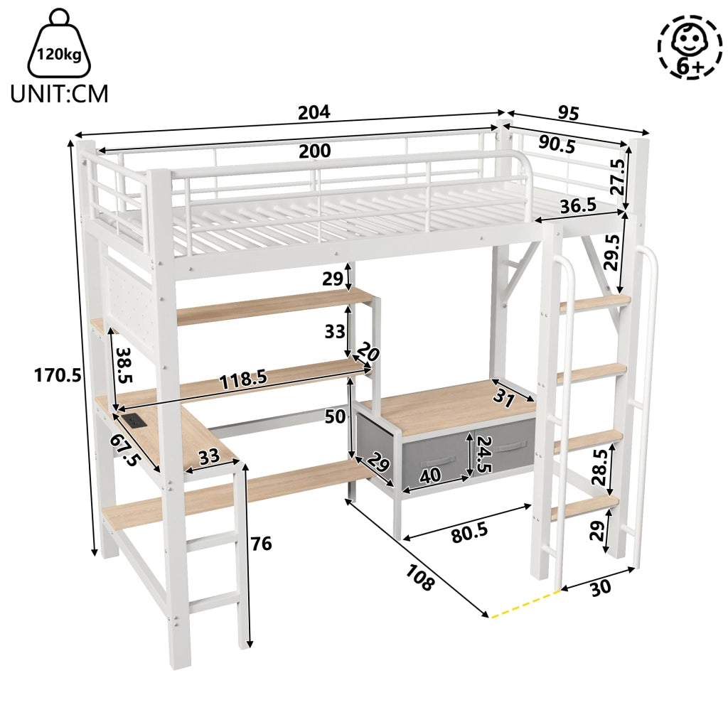 Letto a soppalco 90x200 cm con scrivania, scaffali, LED e USB