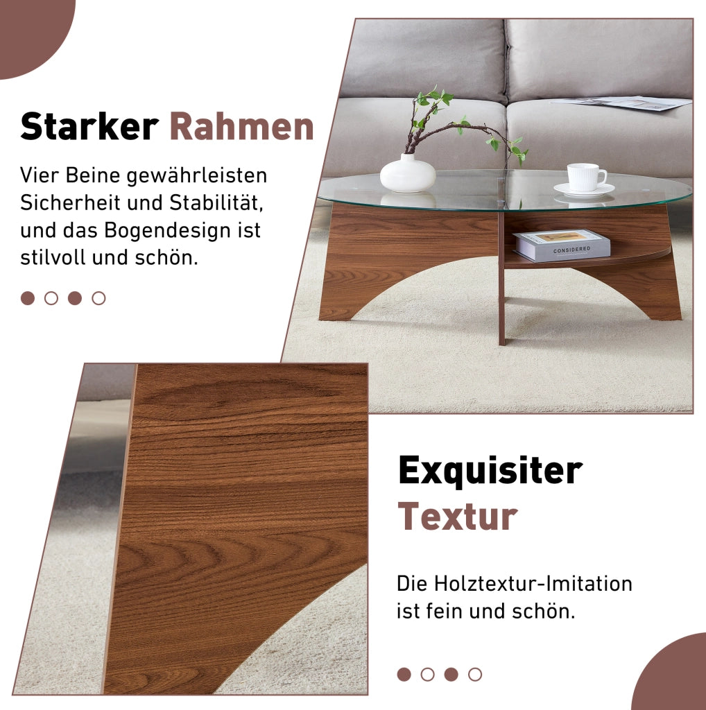 Tavolino da caffè ovale in vetro di sicurezza e MDF color noce con ripiano inferiore
