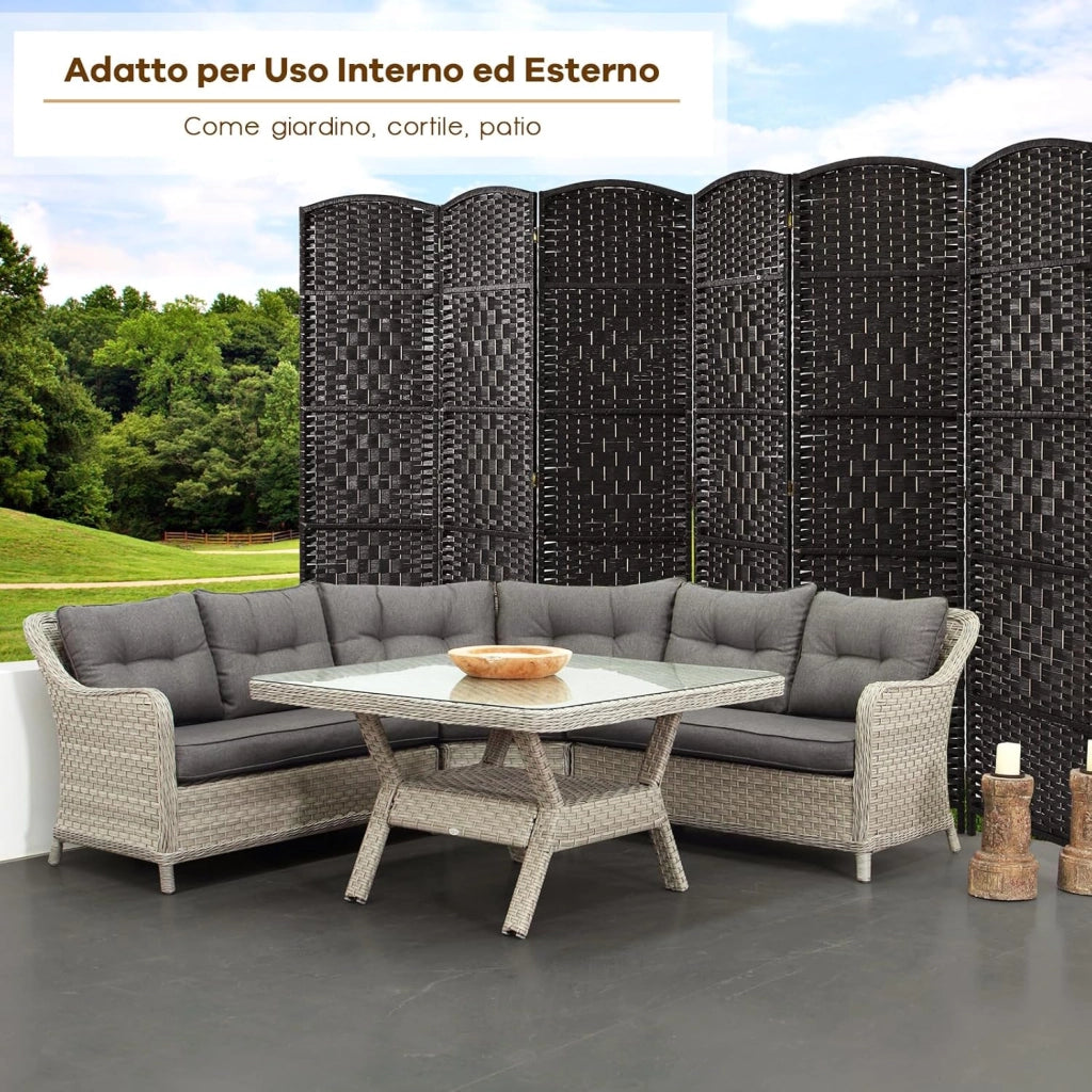 Paravento da Interno ed Esterno 6 Pannelli, Separé Divisorio Pieghevole in Carta Intrecciata a Mano e Cornice in Legno Massello per Camera da Letto, Soggiorno e Ufficio, 273 x 180 cm (Nero)