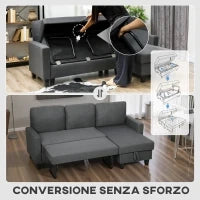 Divano Letto 3 Posti con Chaise e Spazio Contenitore, in Tessuto Effetto Lino, 197x129x85 cm, Grigio Carbone