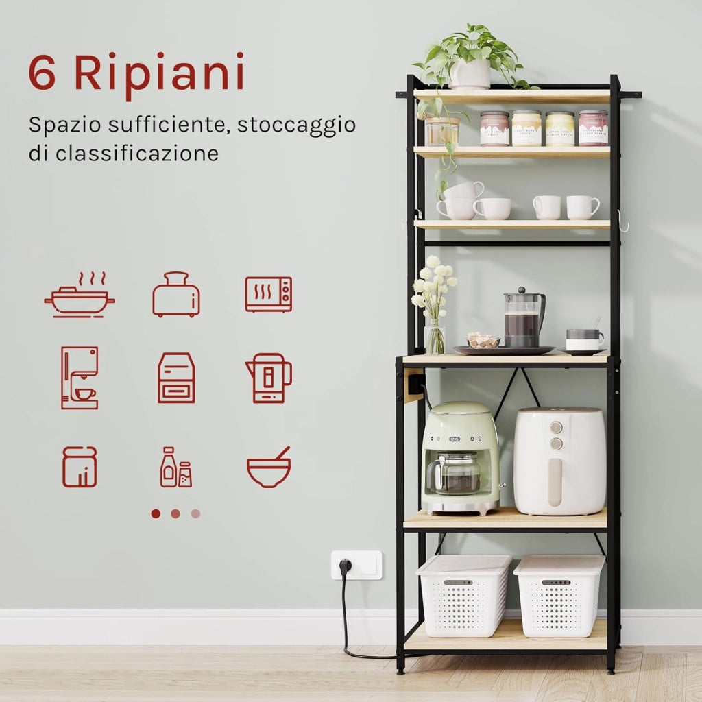 Scaffale da Cucina a 6 Livelli con Prese di Corrente, Scaffale per Microonde con Struttura in Metallo e Piano di Lavoro Aperto, Nero+Rovere Chiaro, 60x39,5x167cm
