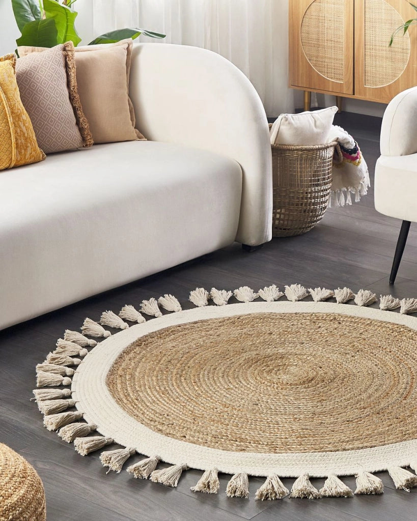 Tappeto beige chiaro rotondo 120 cm boho rustico iuta naturale decorativo soggiorno camera da letto sala da pranzo