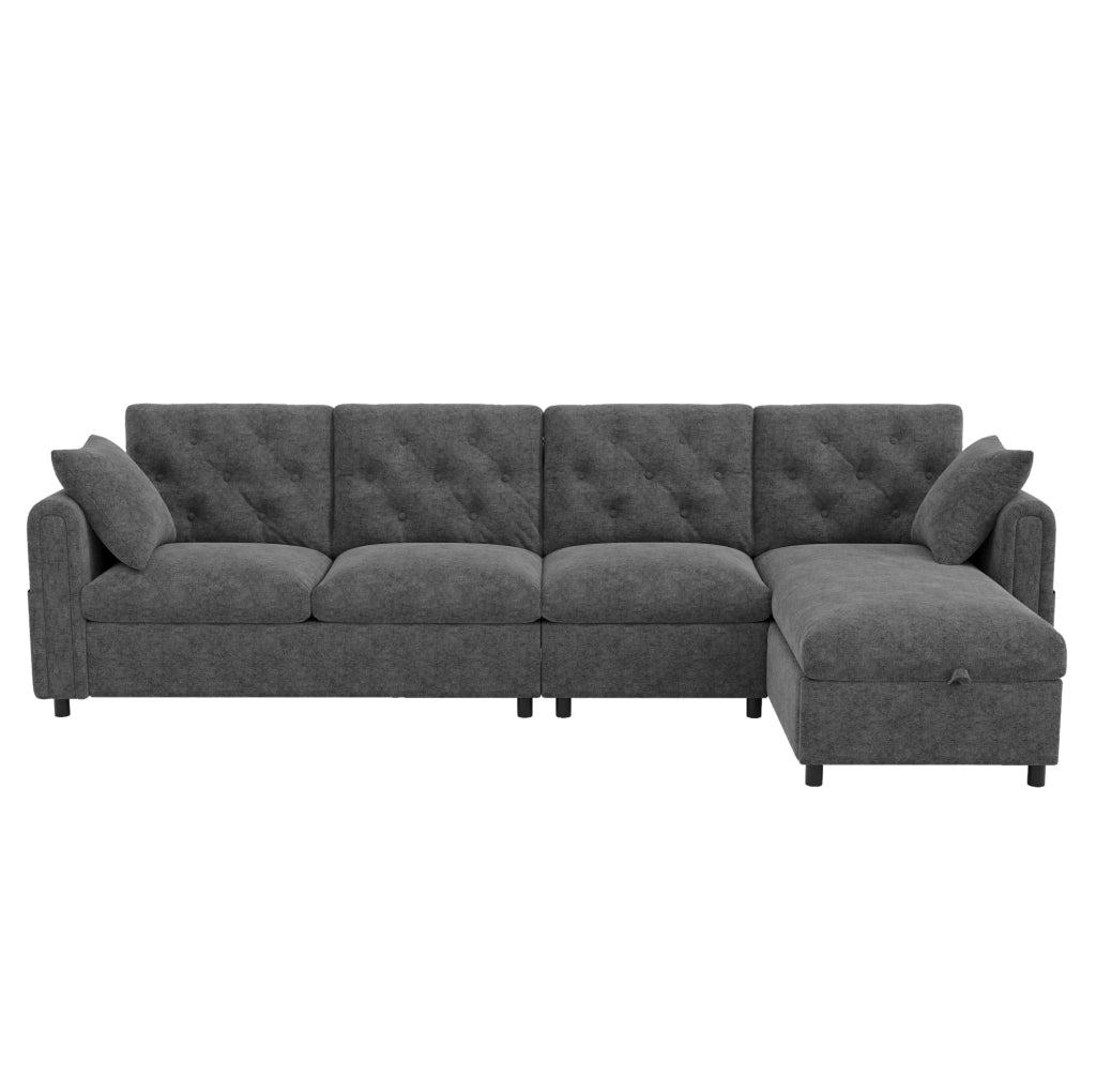 Divano angolare letto 281x132x86 cm con vano contenitore e tasca laterale in velluto grigio