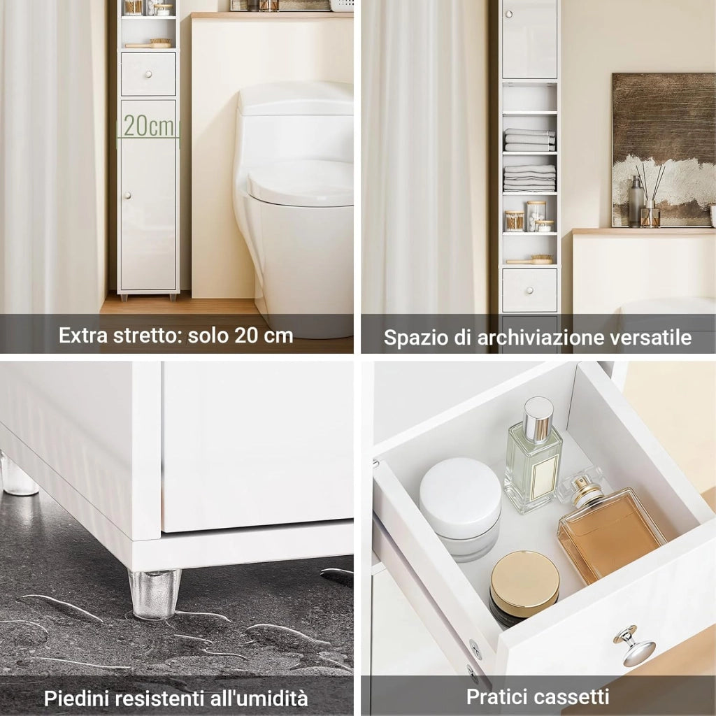 Bianco Lucido Mobile Bagno Salvaspazio Colonna Bagno - Mobiletto Bagno Stretto 20x20x180cm con 6 Ripiani Regolabili e Cassetto - Armadietto Bagno Alto per Piccoli Spazi BZR167-GW